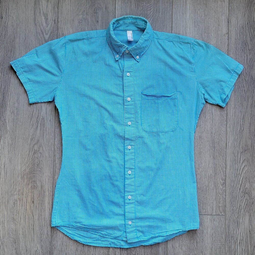 light blue short sleeve button down by American Apparel, size XS